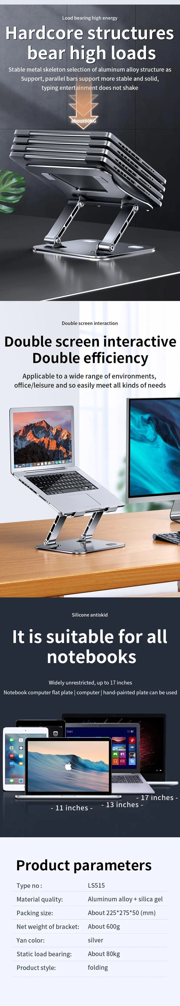 Phone Tablet Stand Adjustable Aluminum Alloy laptop Tablet up to 17 